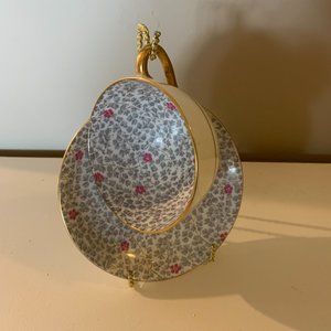 C & E Victoria Bone China England Tea Cup & Saucer Gold Trim Chintz Gray